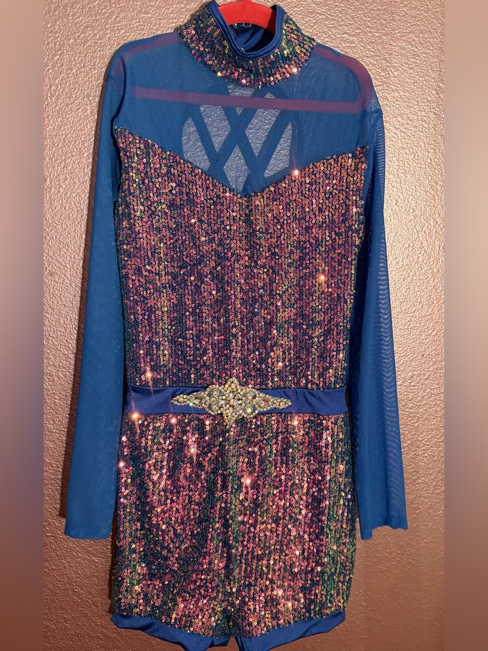 Weissman Blue Long-Sleeve Sequin Performance Bodysuit